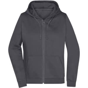 A zip-up hoodie in dark grey featuring a hood and a front pocket, with a logo on it.