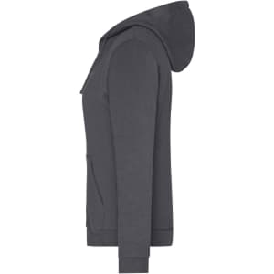 A grey ladies zip hoodie featuring a front pocket and a hood. The garment has a branded logo.
