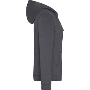 A grey zip hoodie featuring a hood and front pocket, with a branded logo.