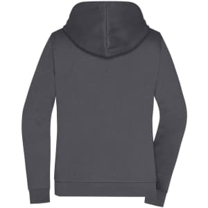 A grey ladies zip hoodie with a hood and long sleeves, featuring a branding logo on the back.