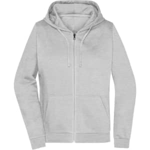 A grey zip hoodie featuring a hood and front pockets, designed for ladies with a subtle branding logo.