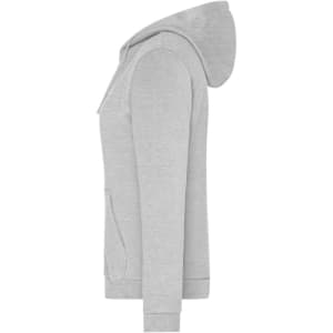 A grey ladies zip hoodie featuring a hood and front pockets, with a logo on the garment.