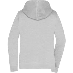 A grey ladies zip hoodie featuring a spacious hood and fitted design, with a logo on the back.