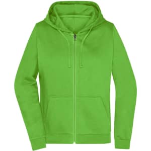 A green zip hoodie featuring a front pocket and adjustable drawstring hood. It has a logo on the front.