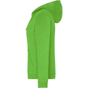 A green ladies zip hoodie featuring a hood and side pockets, with a logo present on the garment.