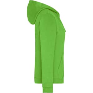 A green ladies zip hoodie featuring a hood and side pockets, with branding visible.