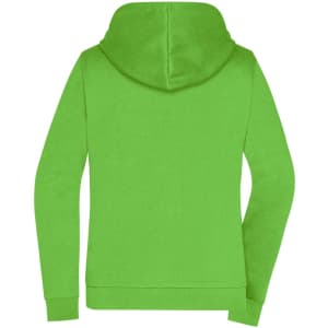 A vibrant green ladies zip hoodie featuring a hood and long sleeves, with a logo on the back.