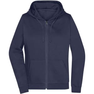A navy blue ladies' zip hoodie featuring a front pocket and a hood, with a brand logo on it.