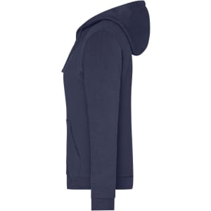 A navy ladies zip hoodie featuring a hood and front pockets, with a branding logo on the side.