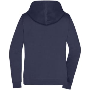 A navy ladies zip hoodie with a hood and long sleeves, featuring a logo on the back.