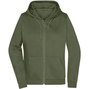 An olive green ladies zip hoodie with a front pocket and a drawstring hood. It features a logo.