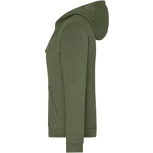 A ladies' zip hoodie in olive green, featuring a hood and a front pocket, with a logo on it.