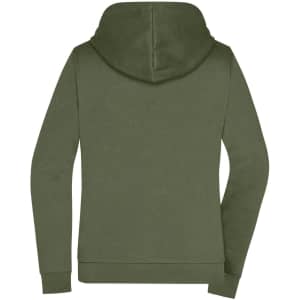 A women's zip hoodie in olive green with a back view, featuring a hood and long sleeves. It has a logo.