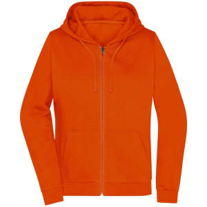 An orange zip hoodie with a front pocket and an attached hood. It has a logo on the front.