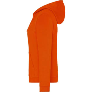 An orange ladies zip hoodie featuring a hood and side pockets, with a logo on the front.