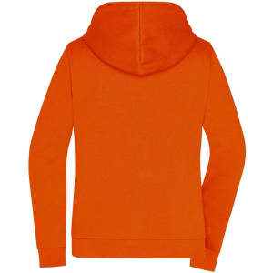 An orange ladies zip hoodie with a hood and long sleeves, featuring a logo on the back.