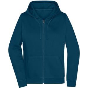 A teal zip hoodie with a front pocket and a hood, featuring a logo on the chest area.