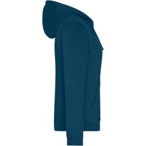 A teal ladies zip hoodie featuring a hood and front pockets, with a logo present on the garment.
