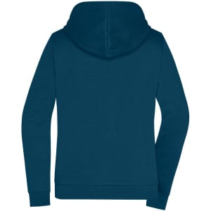 A ladies' zip hoodie in a rich navy blue with a hood and long sleeves, featuring a logo on the back.