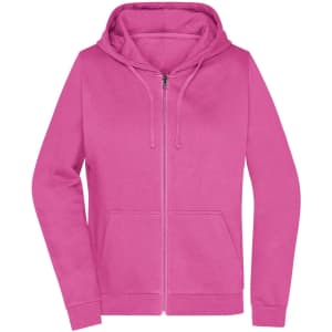 A pink zip hoodie featuring a hood, long sleeves, and a front pouch pocket. It has a logo on it.