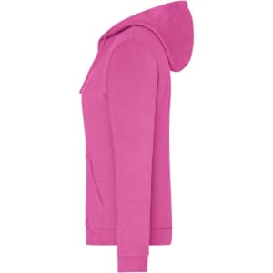 A pink ladies zip hoodie with a hood and side pockets. The hoodie has a simple design and features a logo.