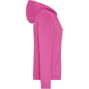A pink ladies' zip hoodie featuring a front pocket and a hood, with a logo on the front.