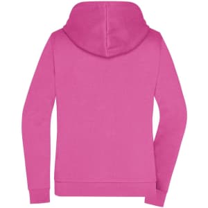 A pink ladies zip hoodie featuring a hood and long sleeves. Includes a logo on the back.