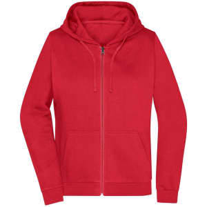 A red zip hoodie for ladies, featuring a front pocket and a hood, with a logo present.