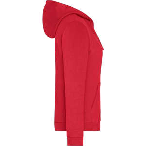 A red ladies zip hoodie with a hood and front pockets, featuring a logo.
