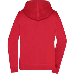 A red zip hoodie featuring a hood and long sleeves, with a plain back and one logo.