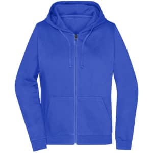 A ladies blue zip hoodie featuring a front pocket and a hood, designed for comfort and style.