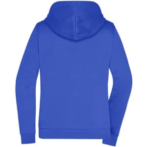 A blue zip hoodie with a hood and long sleeves, featuring a branding logo on the back.