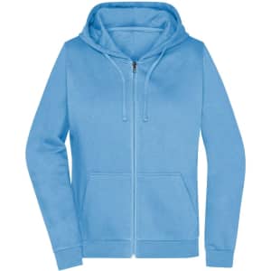 A light blue zip hoodie featuring a front pocket and a hood, with a logo on the chest area.