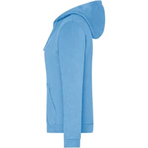 A light blue zip hoodie featuring a hood and a front pocket, showcased from a side view.