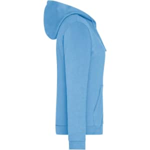 A blue zip-up hoodie for ladies featuring a hood, long sleeves, and a front pocket, with a logo.