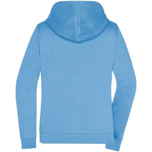 A blue ladies' zip hoodie with a hood and long sleeves, featuring a logo on the back.
