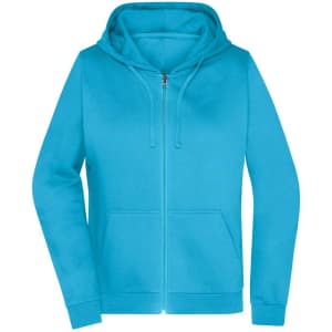 A turquoise zip hoodie for ladies with a front pouch pocket and a hood, featuring a branding logo.