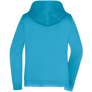 A turquoise ladies zip hoodie with a hood and long sleeves, featuring a logo on the back.