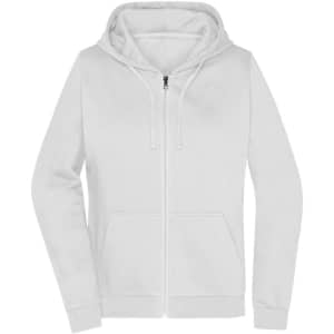 A white zip-up hoodie featuring a hood and front pockets, with a logo on the chest.
