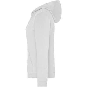 A side view of a light grey ladies zip hoodie featuring a hood and front pockets, with a logo present.