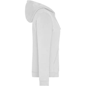 A light grey ladies zip hoodie featuring a hood and pockets, with a logo on the front.