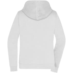 A light grey ladies' zip hoodie featuring a hood and long sleeves, with a logo on the back.