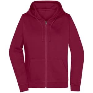 A maroon zip hoodie for ladies with a hood, front pockets, and a simple design. Features a logo.