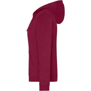 A burgundy ladies' zip hoodie with a hood and front pocket, featuring a logo on the front.