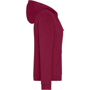 A burgundy ladies' zip hoodie featuring a hood and side pockets, with a small logo on the front.