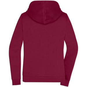 A burgundy ladies zip hoodie featuring a hood and long sleeves, with a logo on the back.