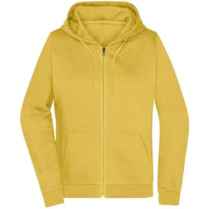A yellow ladies zip hoodie with a front pocket and a drawstring hood. It features a branding logo.