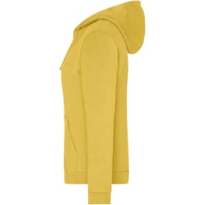 A yellow ladies’ zip hoodie featuring a hood and a front pocket, with branding on it.