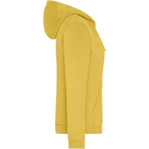 A yellow zip hoodie featuring a hood and side pockets, with a logo on the fabric.