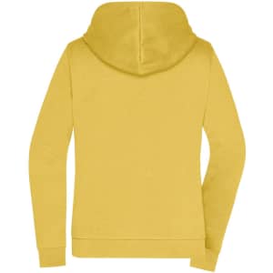 A yellow ladies' zip hoodie featuring a hood and long sleeves, with a branding logo on the back.